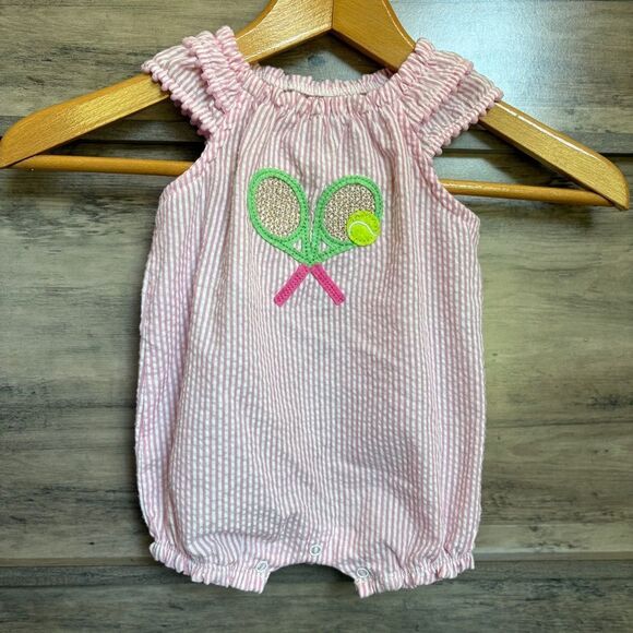 Mud Pie Pink & White Striped Seersucker Ruffle Romper w/ Tennis Racquets & Ball - Picture 6 of 11